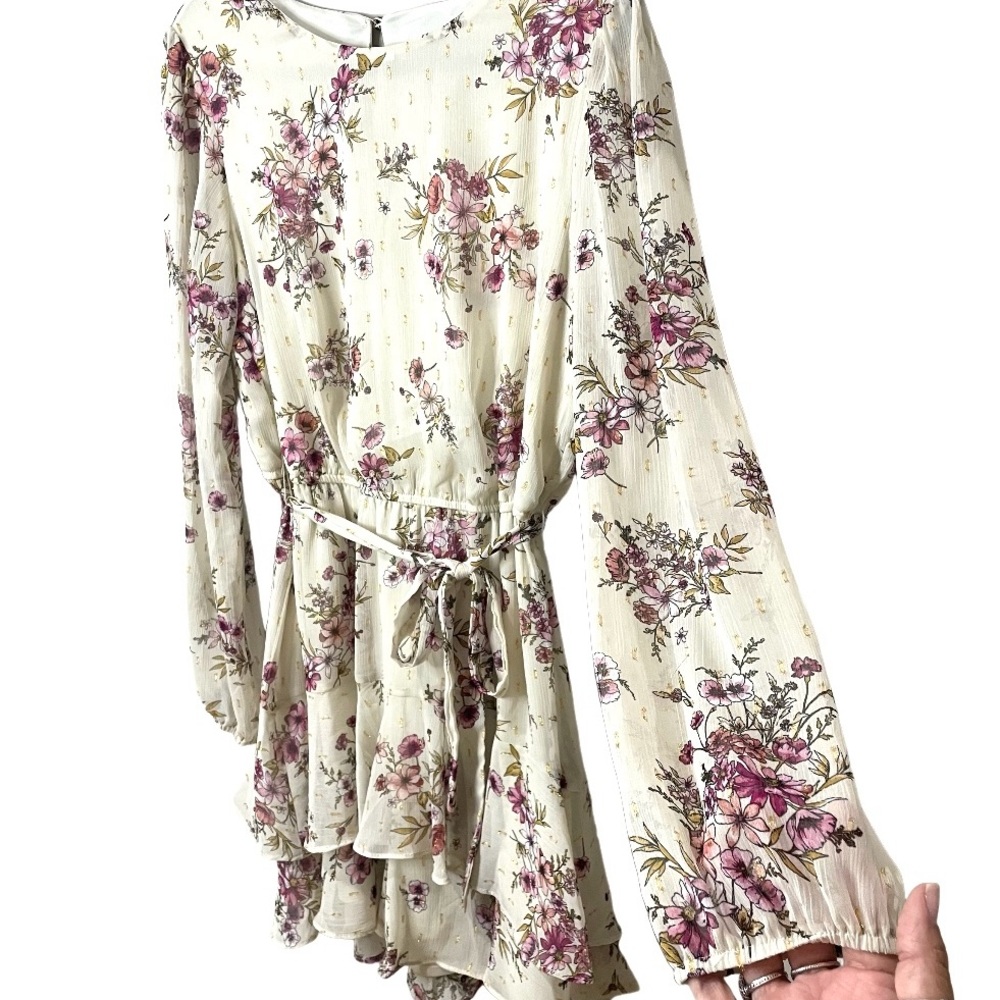 CITY STUDIOS Mini Dress Floral Long Shear Sleeves Tiered Skirt SZ XL NWOT - Picture 6 of 13